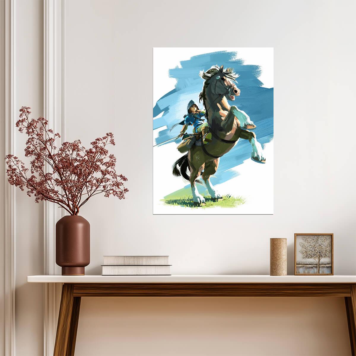 The Legend of Zelda Breath of the Wild Link on Rearing Horse | Action Art Poster | Nintendo Game BOTW Decor - Video Games Poster