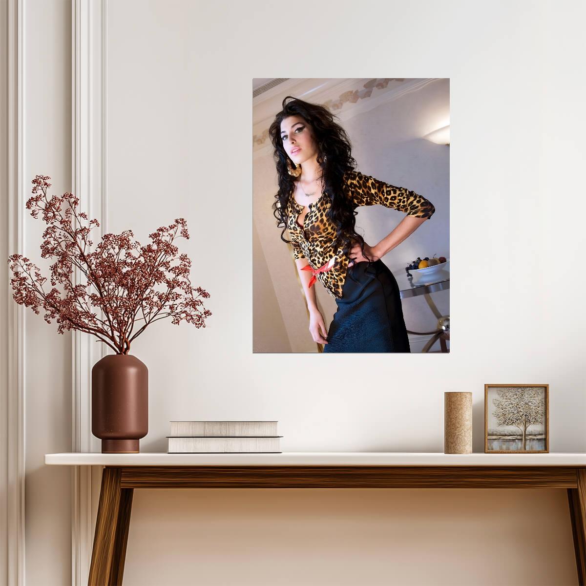 Amy Winehouse Leopard Print Top | Music Legend Portrait Poster | Vintage Soul Art - Music Poster