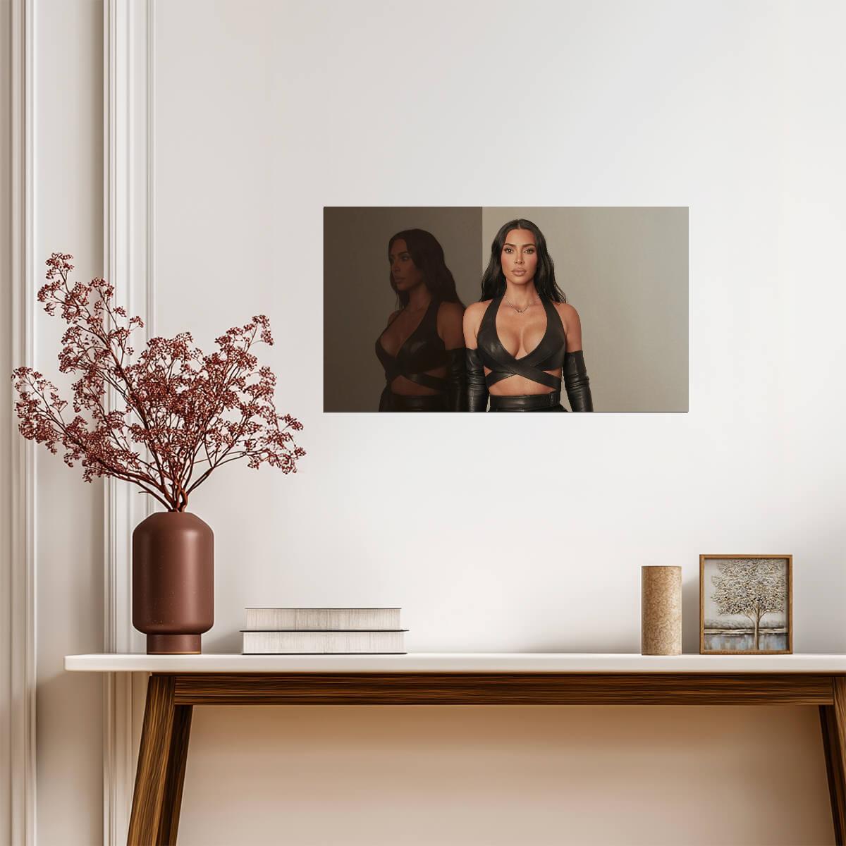 Kim Kardashian in Black Leather | Mirror Reflection Poster | Sexy Celebrity Wall Art - Celebrities Poster