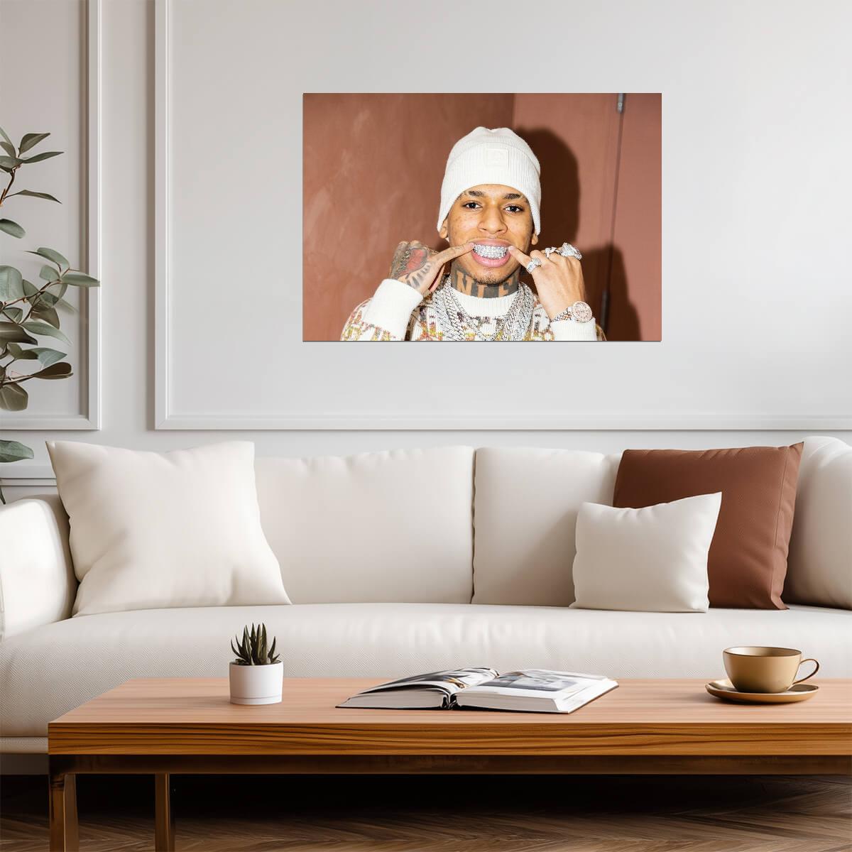 Nle Choppa Grillz Portrait | White Beanie Poster | Hip Hop Star Wall Art - Music Poster