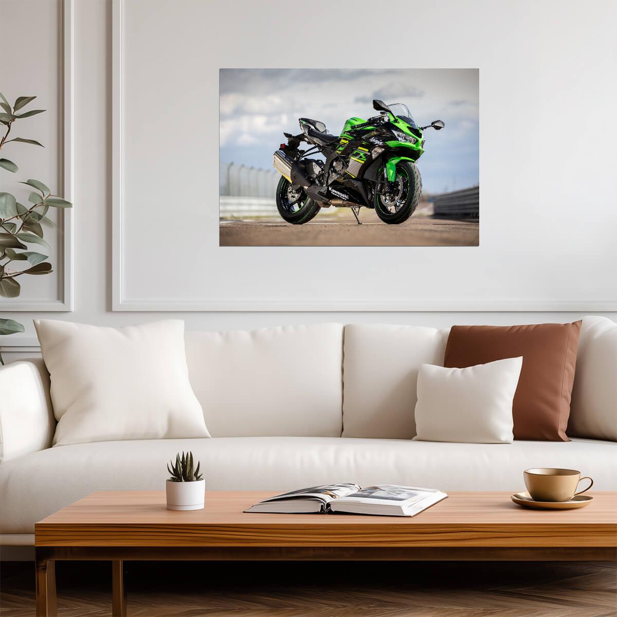 Kawasaki Ninja ZX-6R | Green Supersport Motorcycle Poster | Japanese Sportbike on Racetrack - Cars Poster