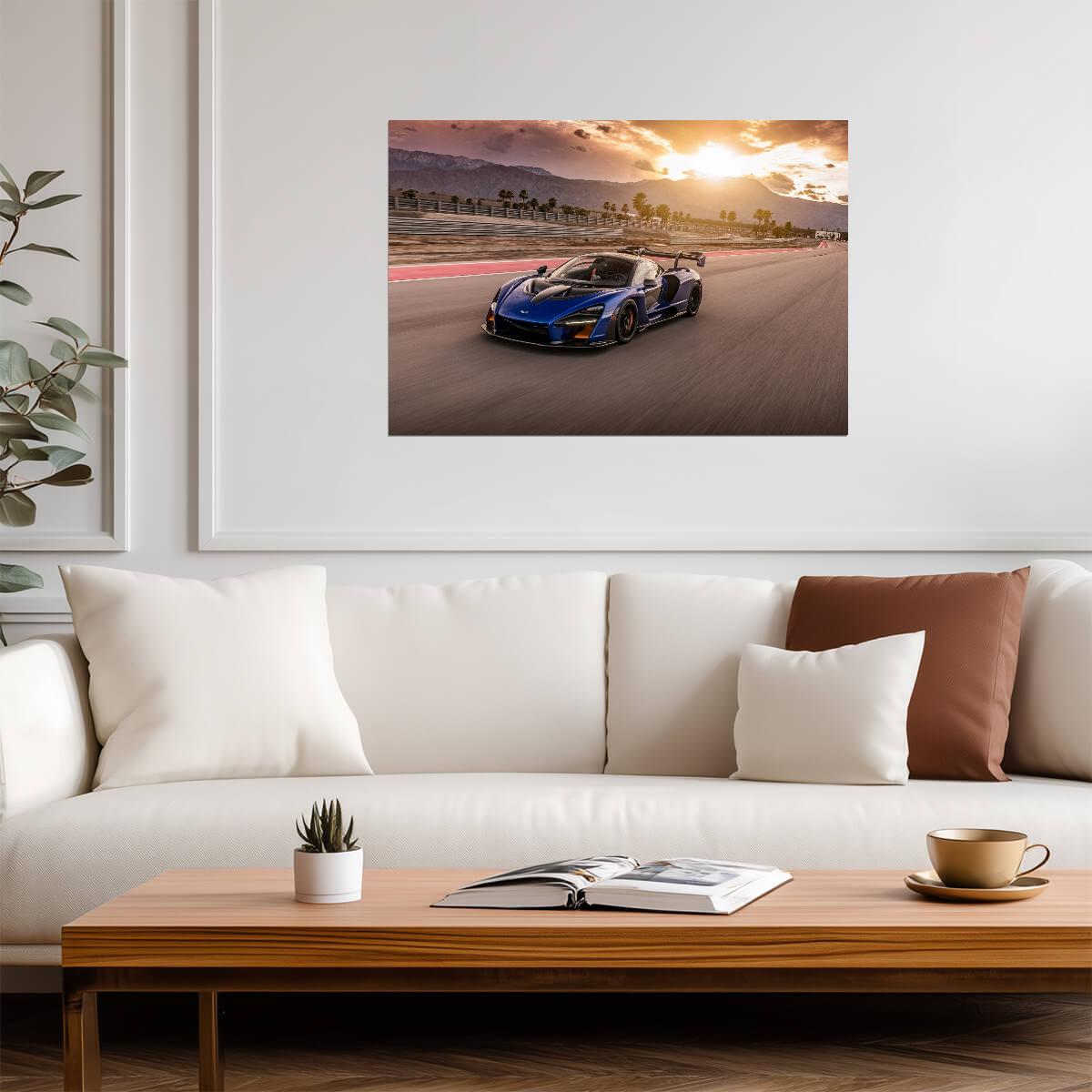 McLaren Senna | Blue British Hypercar Poster | Supercar Racing on Track at Sunset - Cars Poster