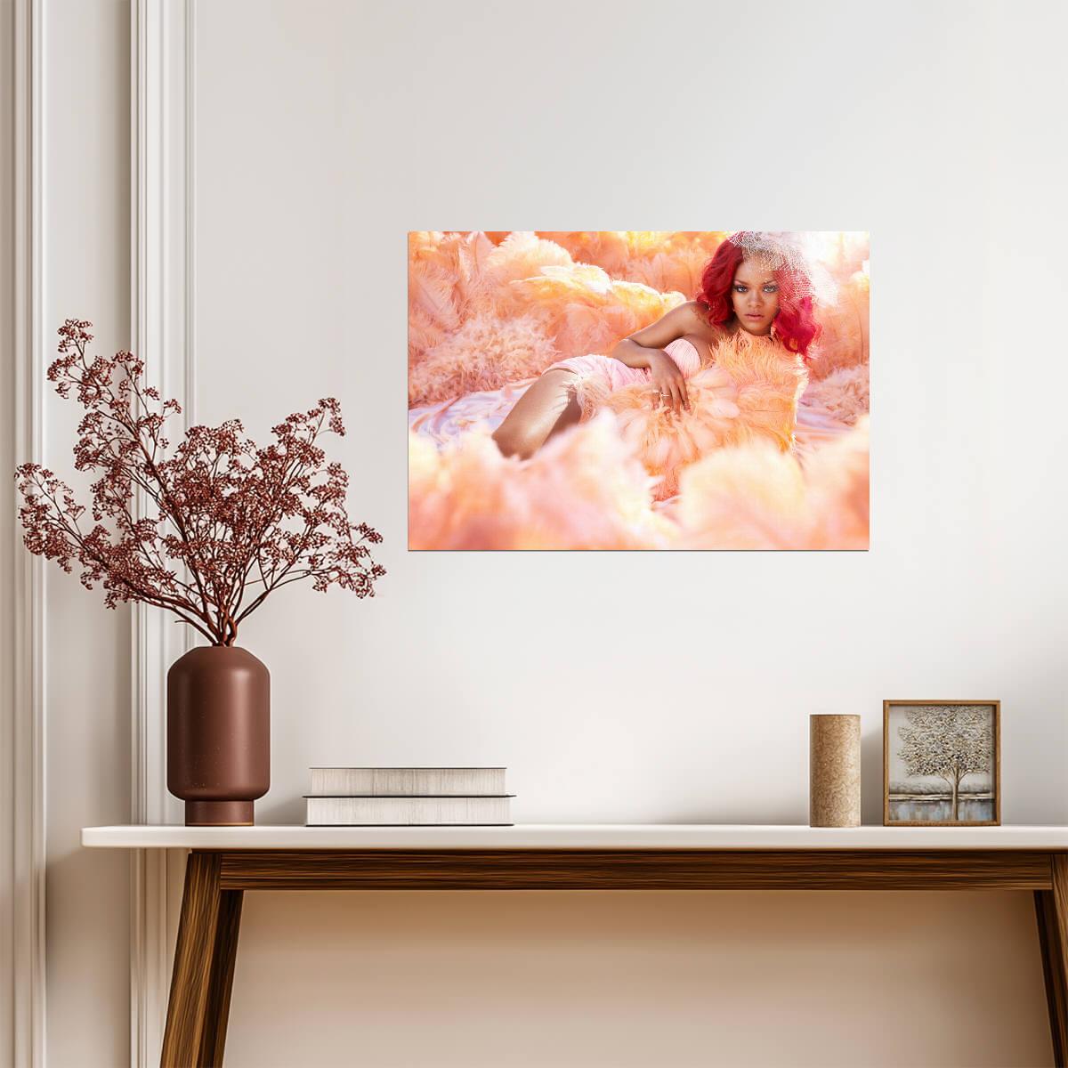 Rihanna Loud Era Photoshoot | Red Hair Pink Feathers Poster | Music Star Wall Art - Music Poster
