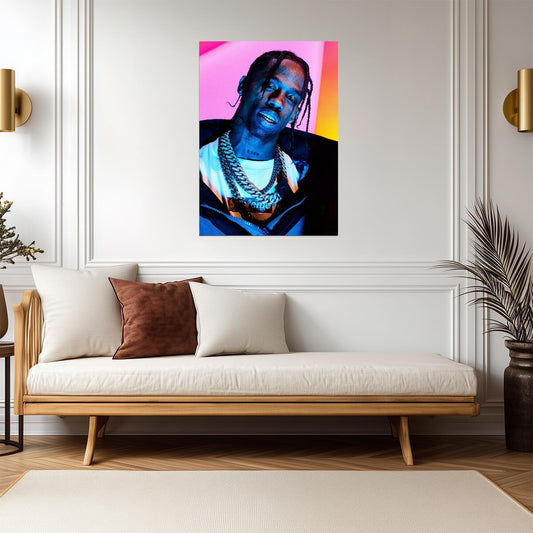 Travis Scott Neon Light Portrait | Hip Hop Music Poster | Vibrant Rap Art - Music Poster