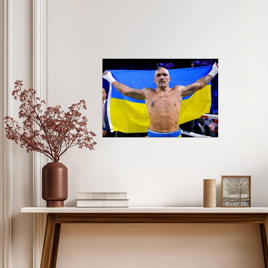 Oleksandr Usyk Holding Ukraine Flag | Boxing Champion Poster | Sports Wall Art - Sports Poster