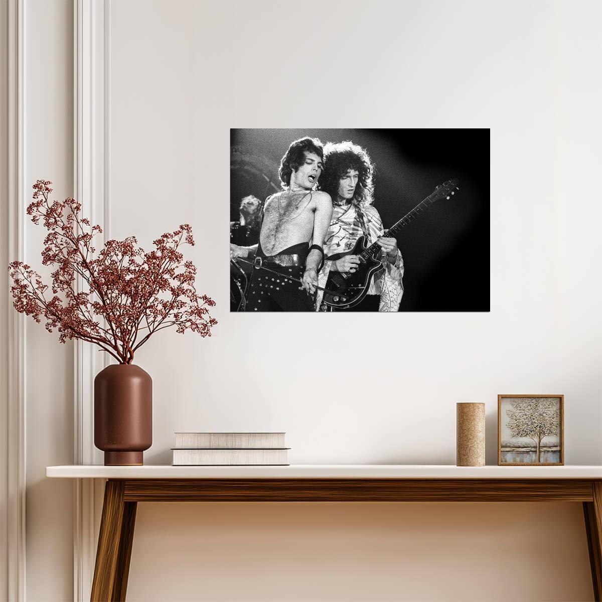 Queen Freddie Mercury & Brian May Live | Black and White Concert Photo | Rock and Roll Legend Poster - Music Poster