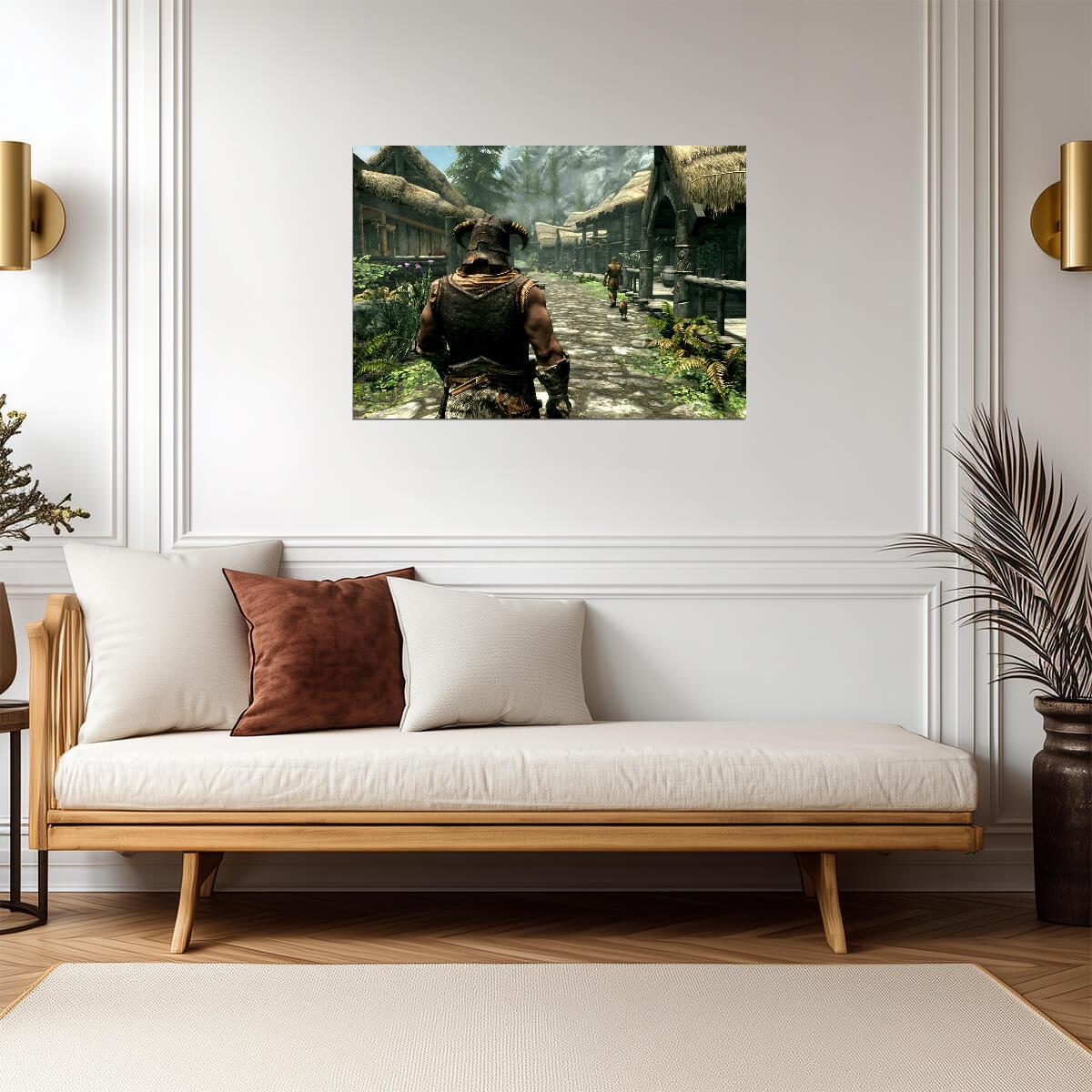 Skyrim Dragonborn in Riverwood | Fantasy Village Scenery Poster | RPG Exploration Game Art - Video Games Poster