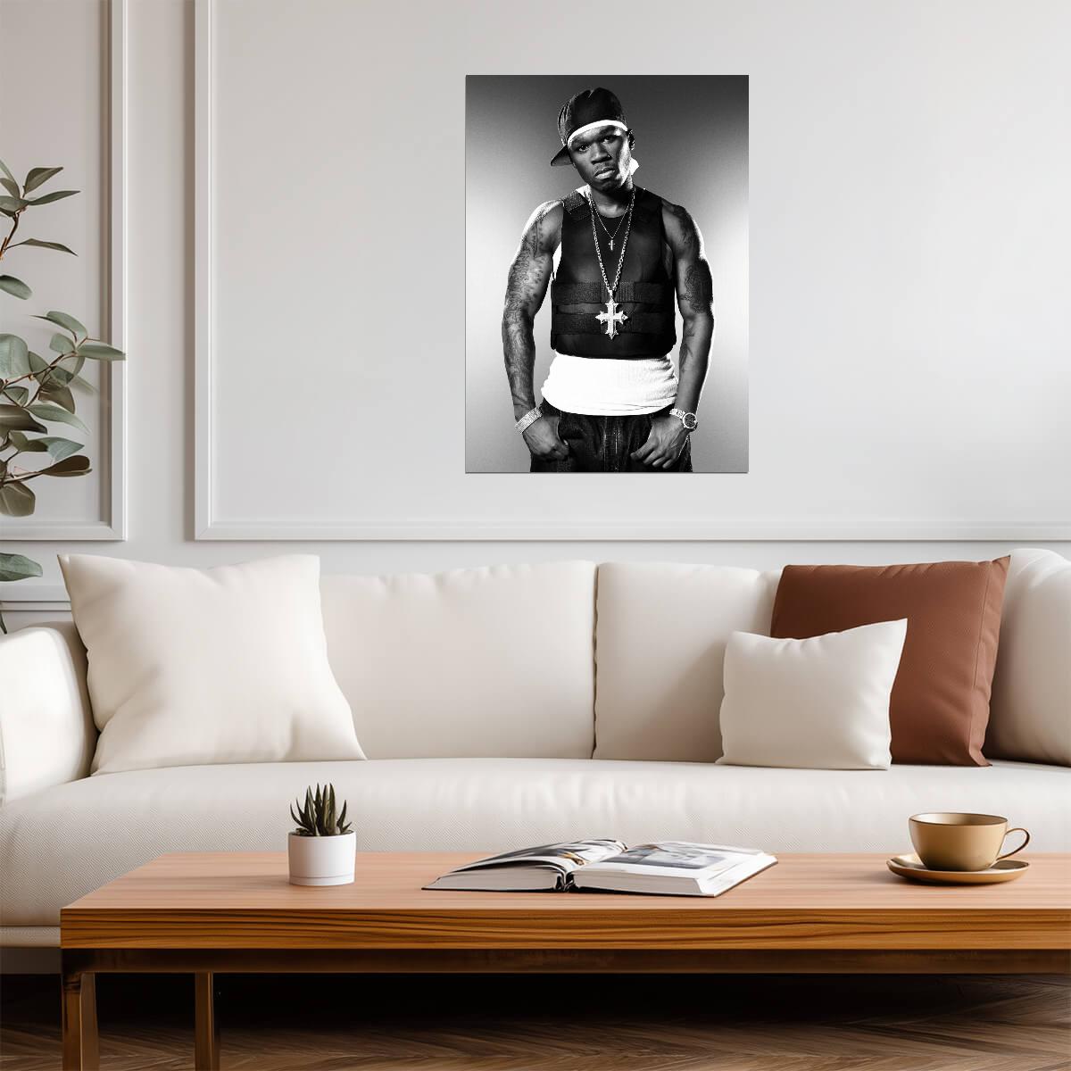 50 Cent in Bulletproof Vest | Black and White Poster | Classic Hip Hop Wall Art - Music Poster