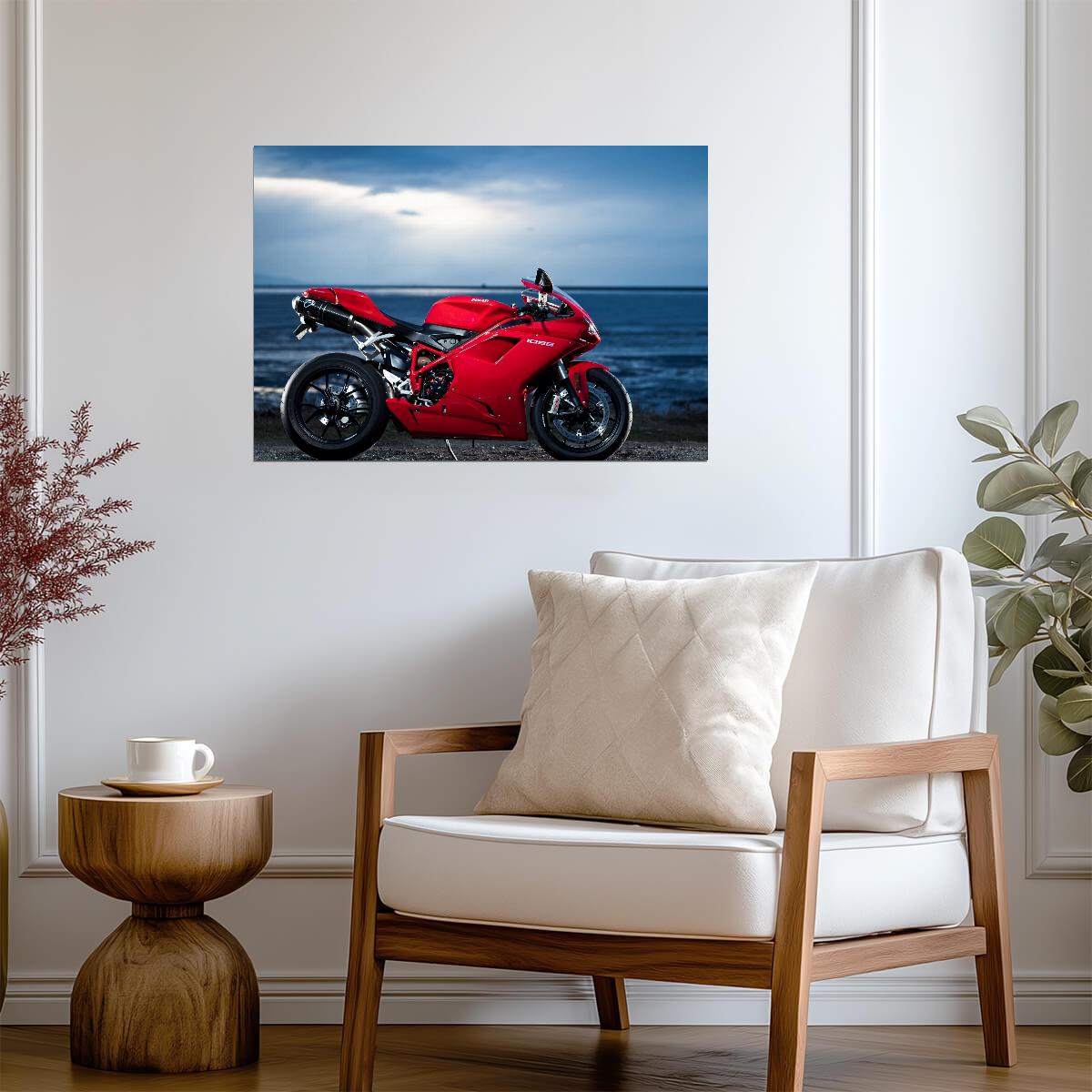 Ducati 1098 | Red Italian Superbike Poster | Supersport Motorcycle by the Ocean - Cars Poster
