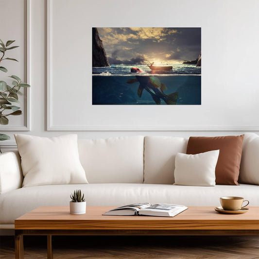 Surreal Fishing Scene | Fisherman and Giant Fish | Digital Art Poster - Graphic & Art Poster