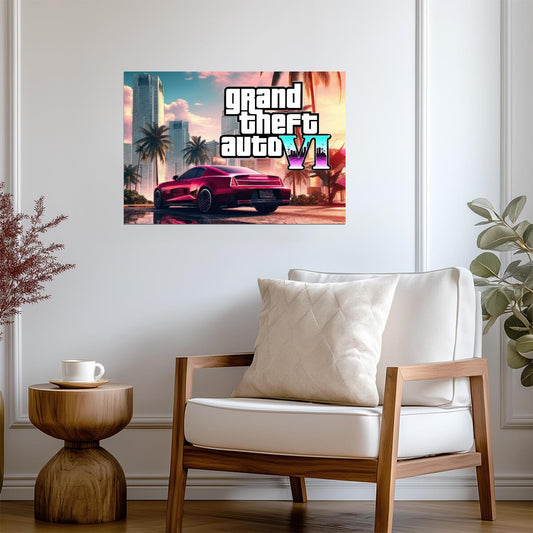 Grand Theft Auto VI Fan Concept Car | Vice City Style Poster | Modern Gaming Room Decor - Video Games Poster
