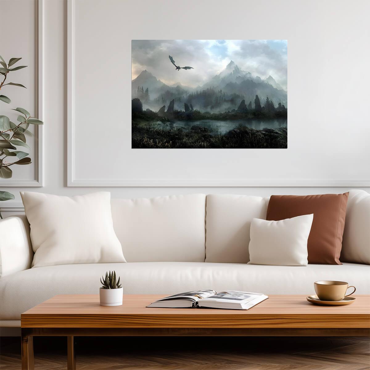Skyrim Dragon Over Misty Mountains | Fantasy Landscape Art Poster | Elder Scrolls Gaming Decor - Video Games Poster