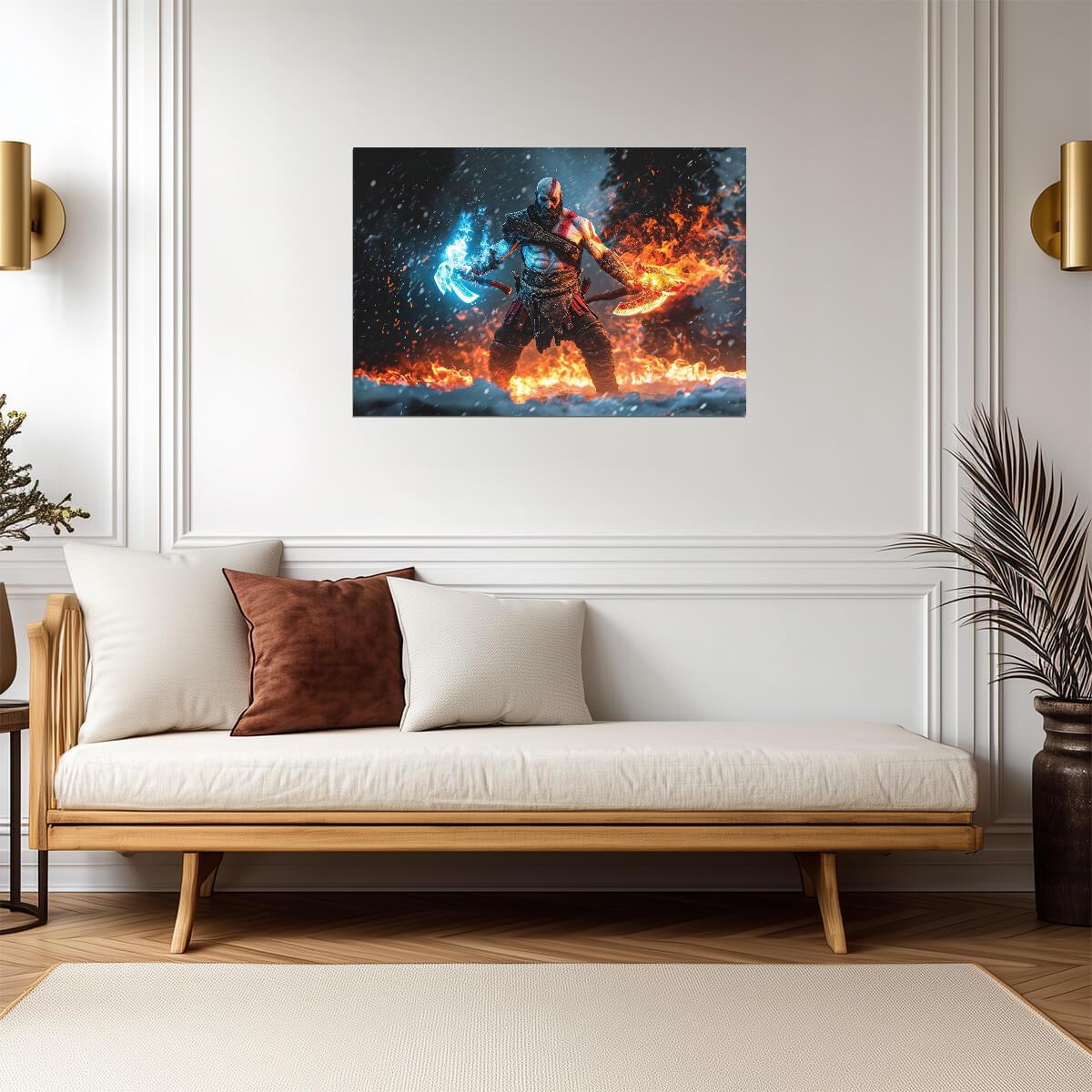 God of War Ragnarök Kratos Dual Wielding | Ice & Fire Weapons Poster | Norse Mythology Game Art - Video Games Poster