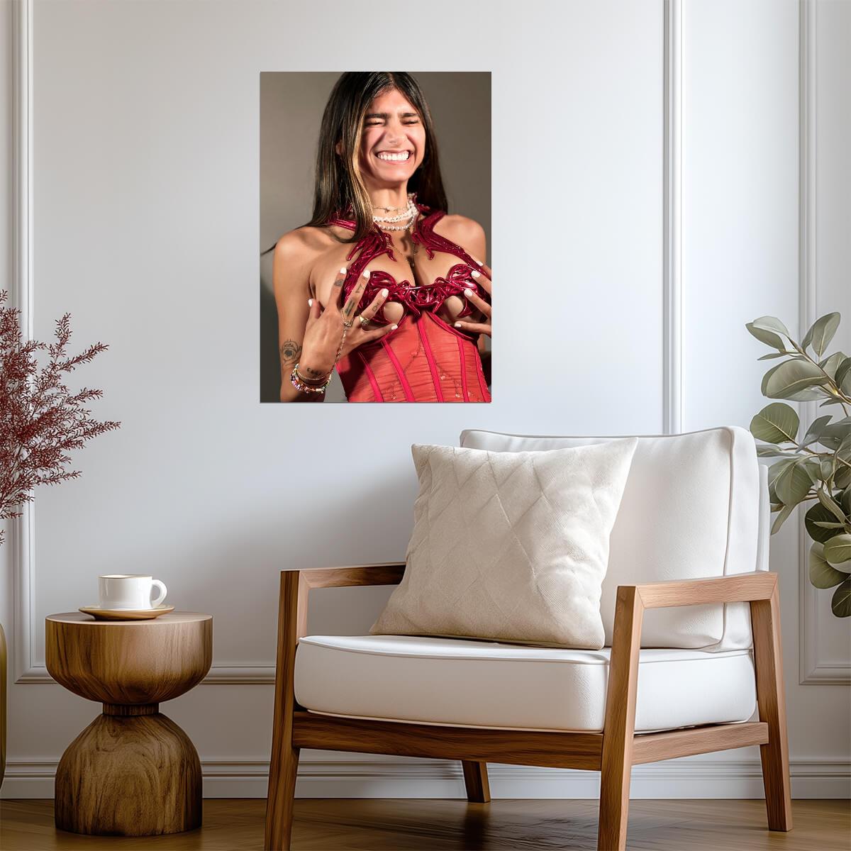 Mia Khalifa Joyful Portrait | Modern Celebrity Print | Sexy Red Corset Poster - Celebrities Poster