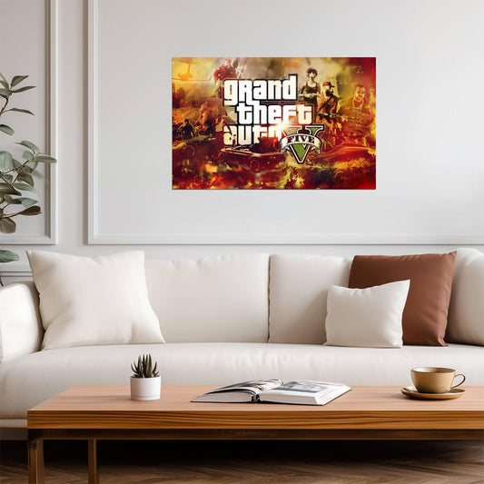 Grand Theft Auto V Fiery Collage | Game Logo & Characters Poster | Open World Gamer Gift - Video Games Poster