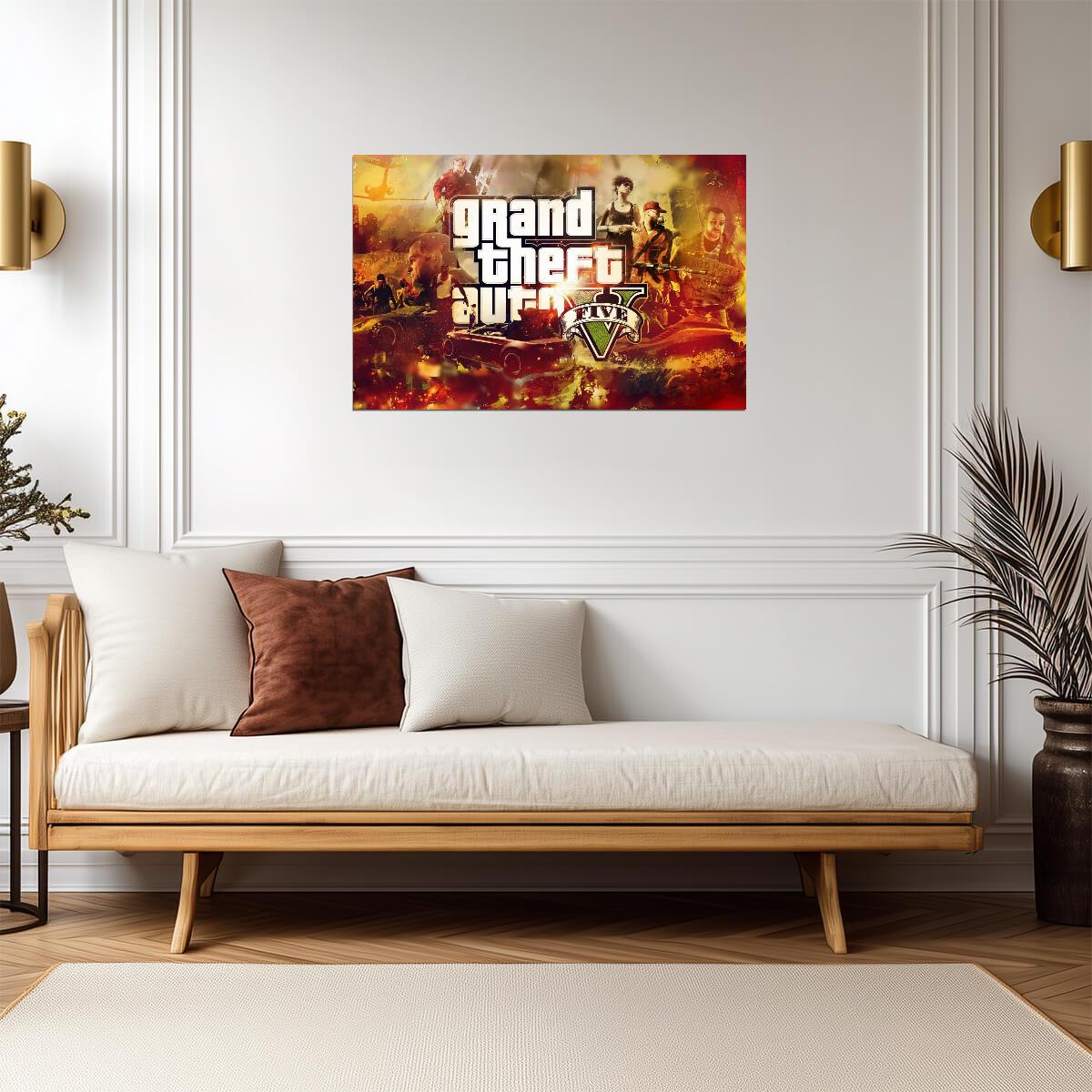 Grand Theft Auto V Fiery Collage | Game Logo & Characters Poster | Open World Gamer Gift - Video Games Poster