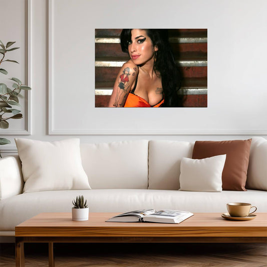 Amy Winehouse Close Up Portrait | Orange Top Poster | Vintage Music Legend Art - Music Poster