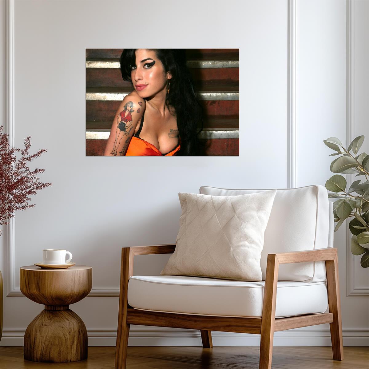 Amy Winehouse Close Up Portrait | Orange Top Poster | Vintage Music Legend Art - Music Poster