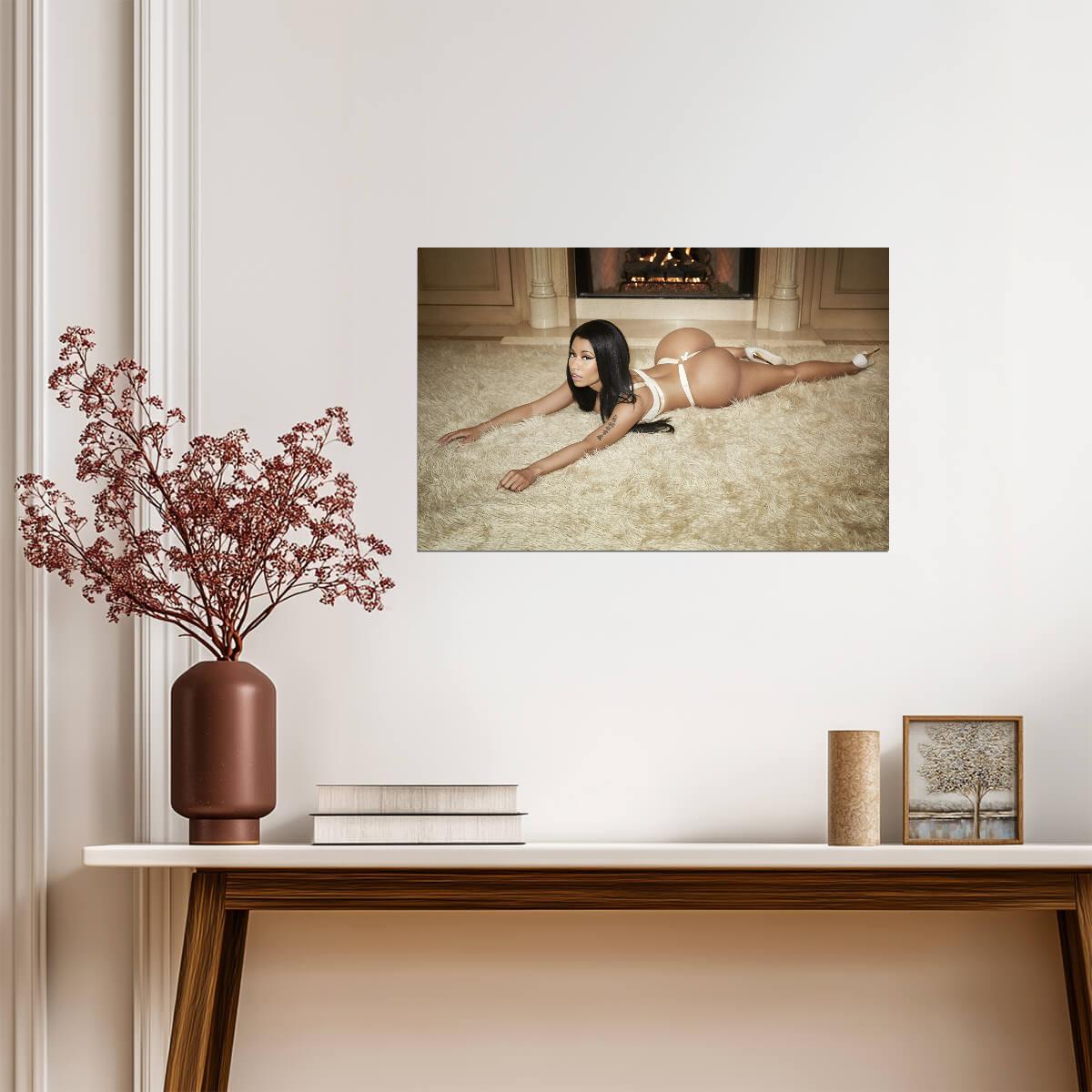 Nicki Minaj White Lingerie on Rug | Photoshoot Poster | Sexy Celebrity Wall Art - Music Poster