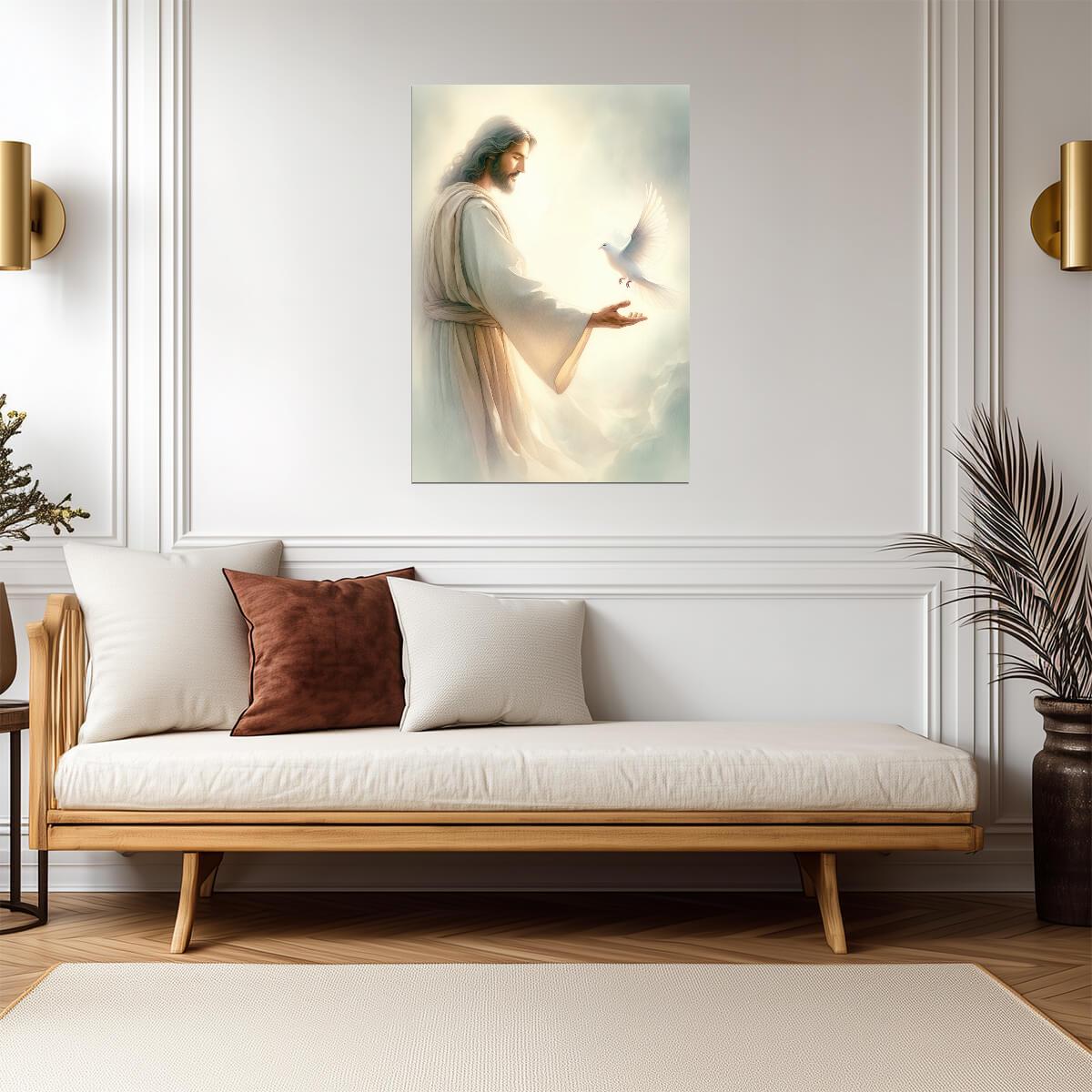Jesus Christ with White Dove | Religious Painting Poster | Christian Faith Wall Art - Graphic & Art Poster