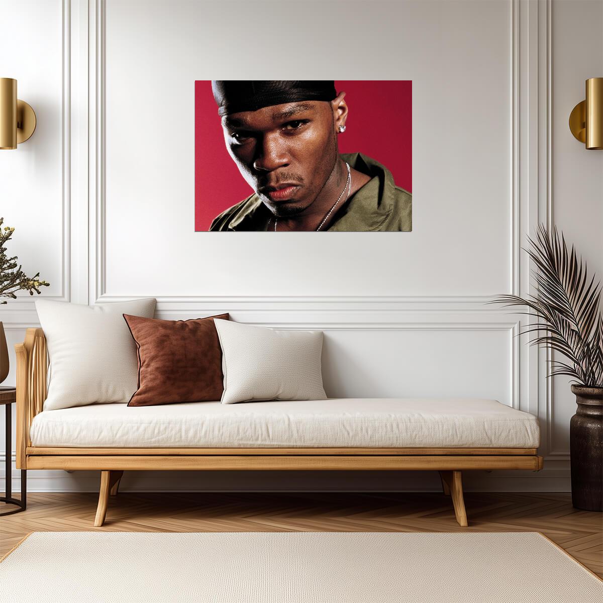50 Cent Durag Close Up | Red Background Portrait Poster | Classic Hip Hop Star - Music Poster