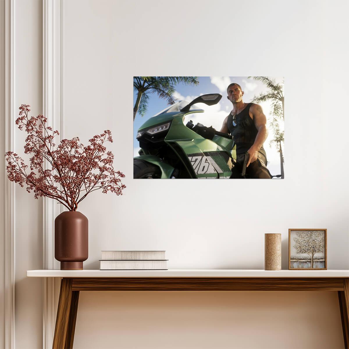 Grand Theft Auto VI Jason Duval with Alvino V1 Bike | Vice City Promo Art Poster | Action-Adventure Game Decor - Video Games Poster