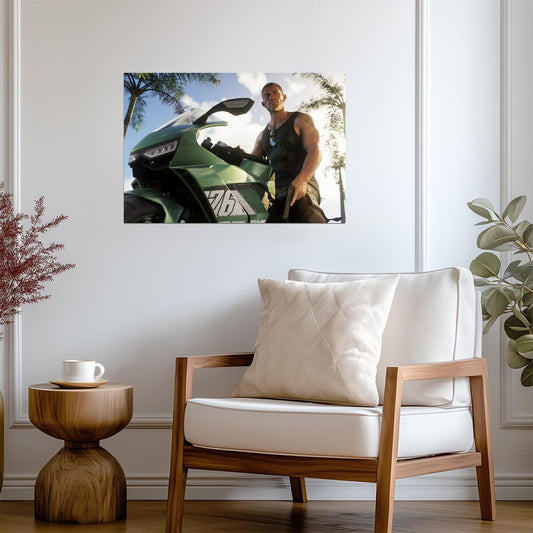 Grand Theft Auto VI Jason Duval with Alvino V1 Bike | Vice City Promo Art Poster | Action-Adventure Game Decor - Video Games Poster