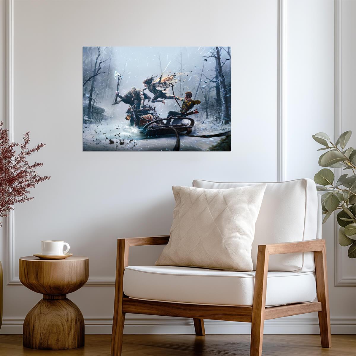 God of War Ragnarök Kratos Atreus & Freya | Wolf Sled Battle Poster | Gaming Room Decor - Video Games Poster