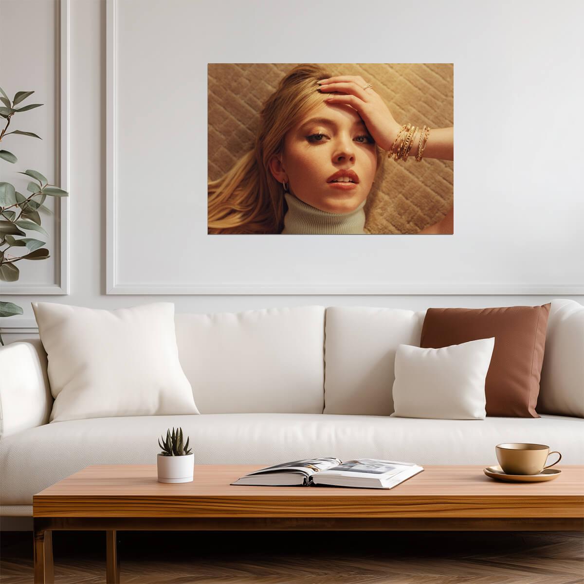 Sydney Sweeney Close Up Portrait | Gold Jewelry Photo | Celebrity Actress Poster - Celebrities Poster