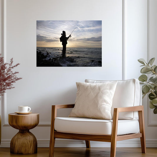 Fisherman Silhouette at Sunset | Fishing Photography Poster | Peaceful Lake Wall Art - Photography Poster