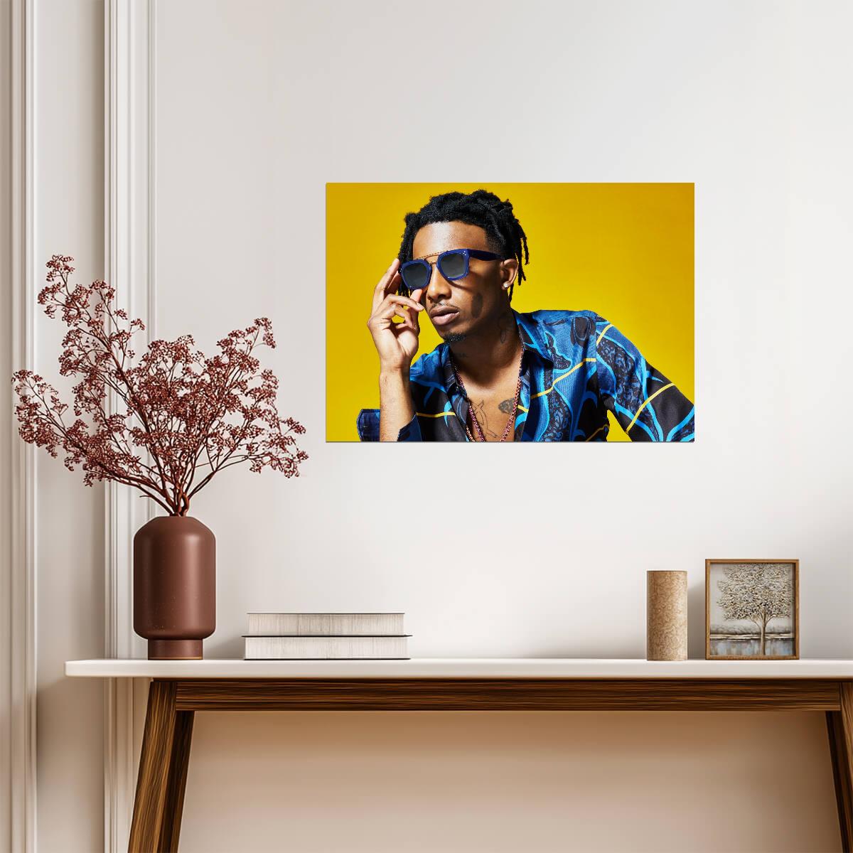 Playboi Carti Yellow Background Photoshoot | Blue Shirt Sunglasses Poster | Hip Hop Star Art - Music Poster