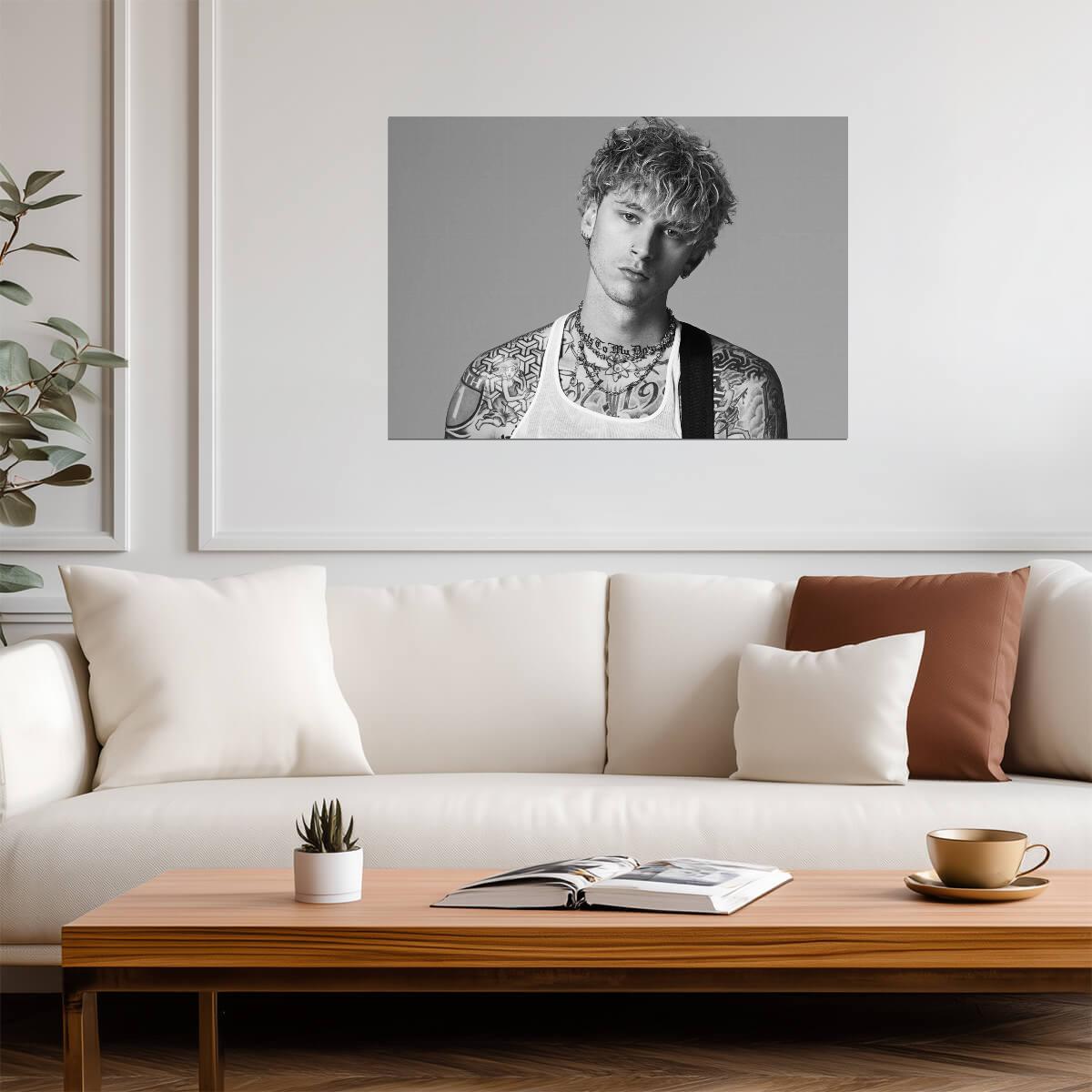 Machine Gun Kelly White Tank Top | Tattoos Black and White Photo | Alternative Rock Poster - Music Poster