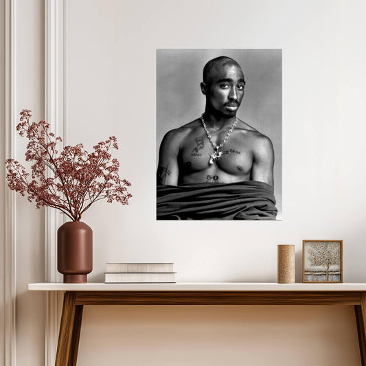 Tupac Shakur Gun Chain | Shirtless B&W Studio Portrait | 90s Rap Icon Poster - Music Poster
