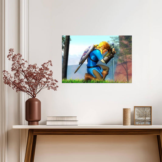 The Legend of Zelda Breath of the Wild Link Kneeling with Master Sword | Serene Moment Poster | Gaming Room BOTW Decor - Video Games Poster