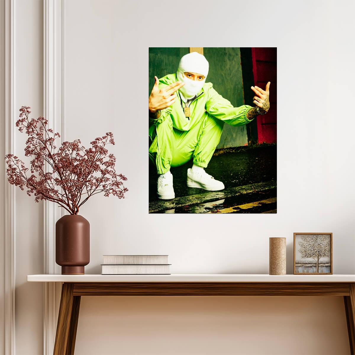 Central Cee in White Balaclava | Neon Green Tracksuit Poster | UK Rap Star Wall Art - Music Poster
