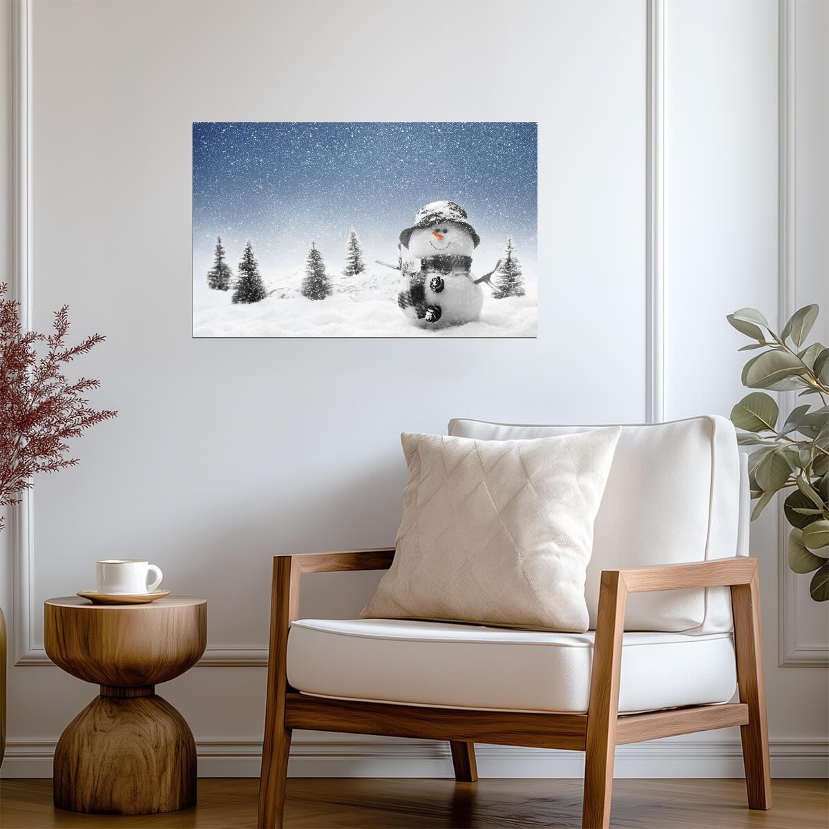 Smiling Snowman in Winter Snowfall | Holiday Wall Art | Festive Christmas Decor Poster - Graphic & Art Poster