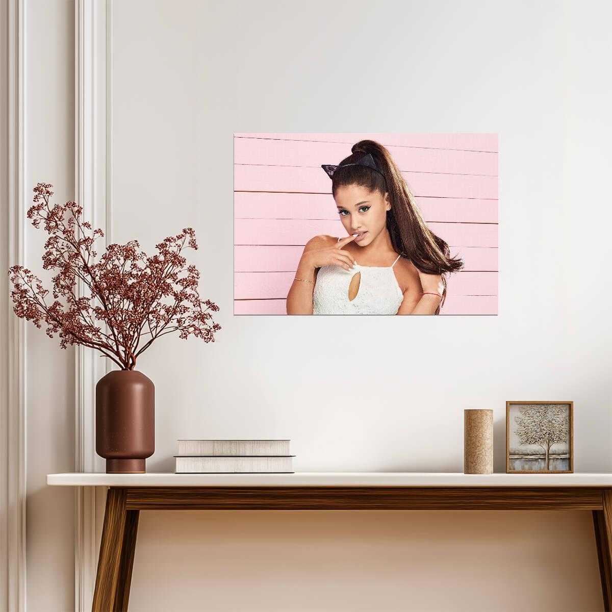Ariana Grande with Cat Ears | Pink Background Portrait | Music Star Poster - Music Poster