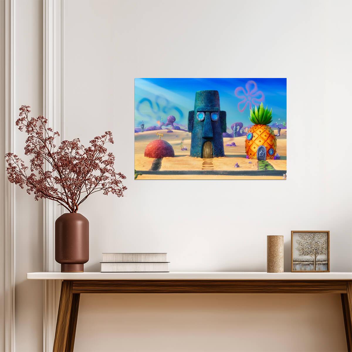 SpongeBob SquarePants Bikini Bottom | Pineapple & Easter Island Head Houses | Cartoon Scenery Poster - Movies & TV Poster