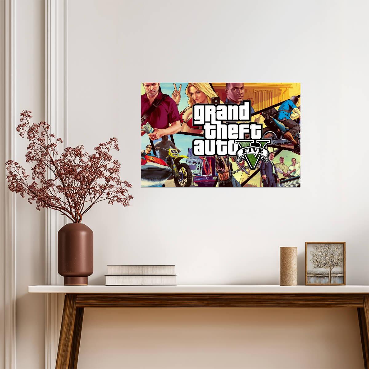 Grand Theft Auto V Character Promo Collage | Action Game Poster | Gamer Gift Wall Art - Video Games Poster