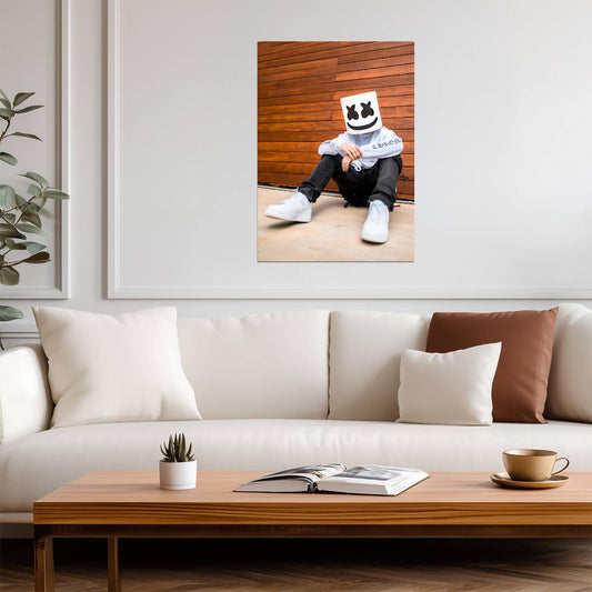 Marshmello Sitting Pose | White Hoodie DJ Photo | EDM Music Poster - Music Poster