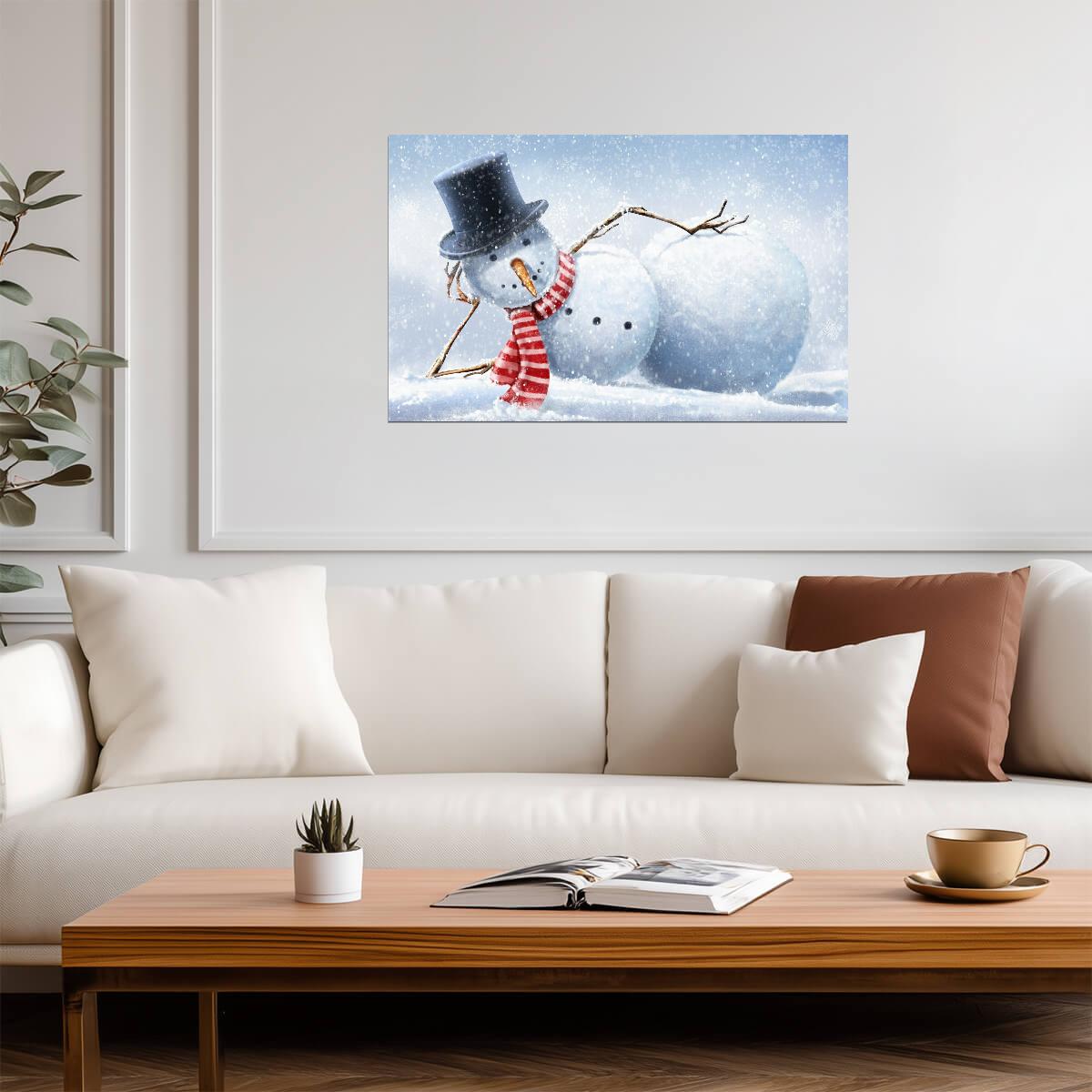 Whimsical Lying Snowman Illustration | Winter Holiday Art Print | Festive Christmas Poster - Graphic & Art Poster