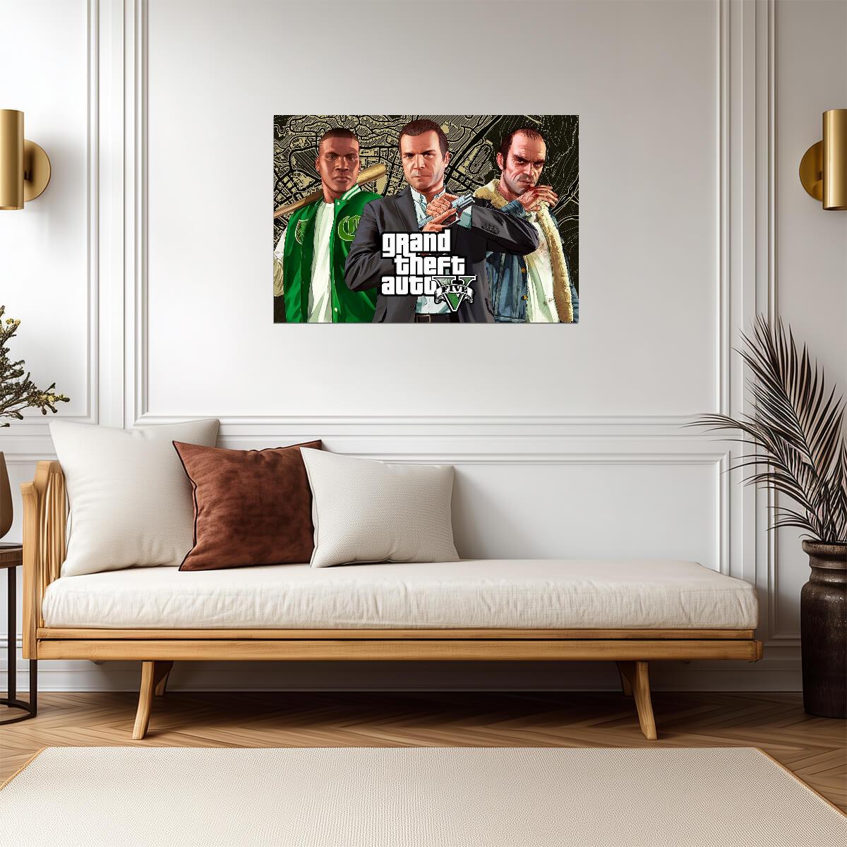 Grand Theft Auto V Michael Franklin & Trevor Map Background | Main Characters Poster | Open World Gaming Art - Video Games Poster