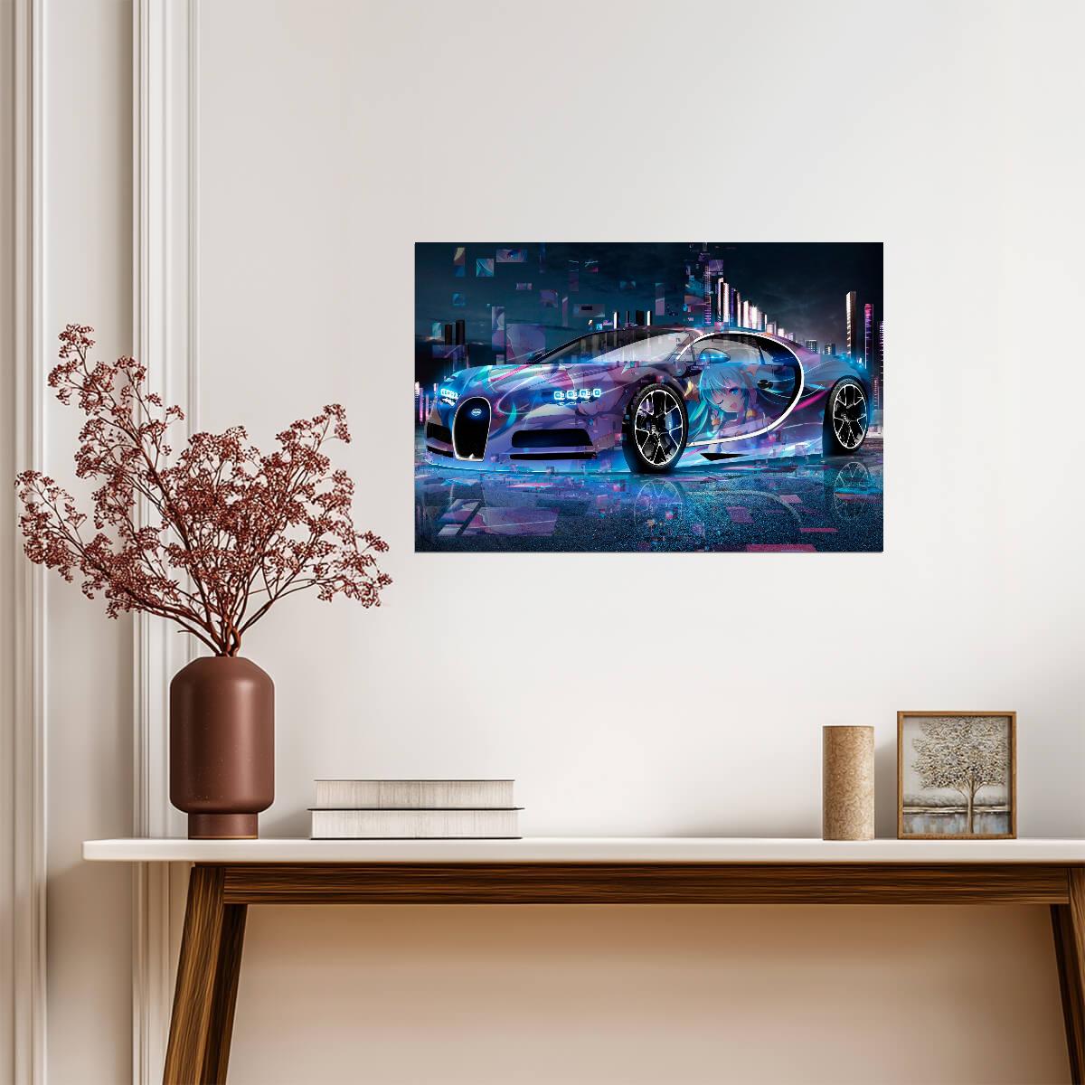 Bugatti Chiron Itasha Style | Anime Girl Car Wrap Poster | Cyberpunk Automotive Art - Cars Poster