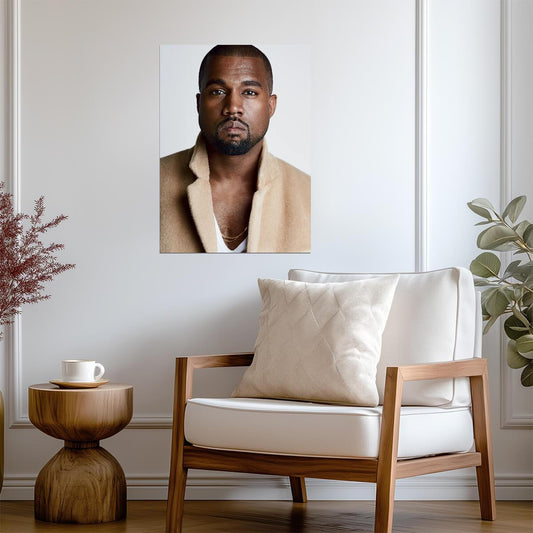 Kanye West Portrait in Tan Coat | Celebrity Poster | Hip Hop Star Wall Art - Music Poster