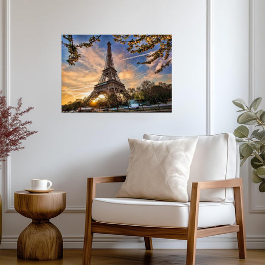 Eiffel Tower at Sunrise | Paris Photography Poster | Spring Blossoms Travel Wall Art - Photography Poster