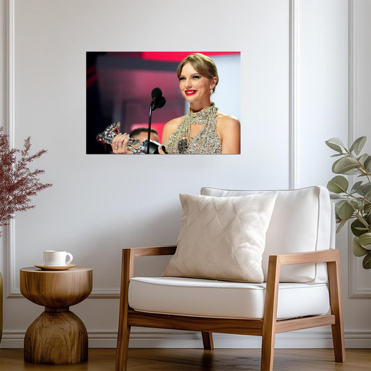 Taylor Swift Holding VMA Award | Acceptance Speech Poster | Celebrity Music Win - Music Poster