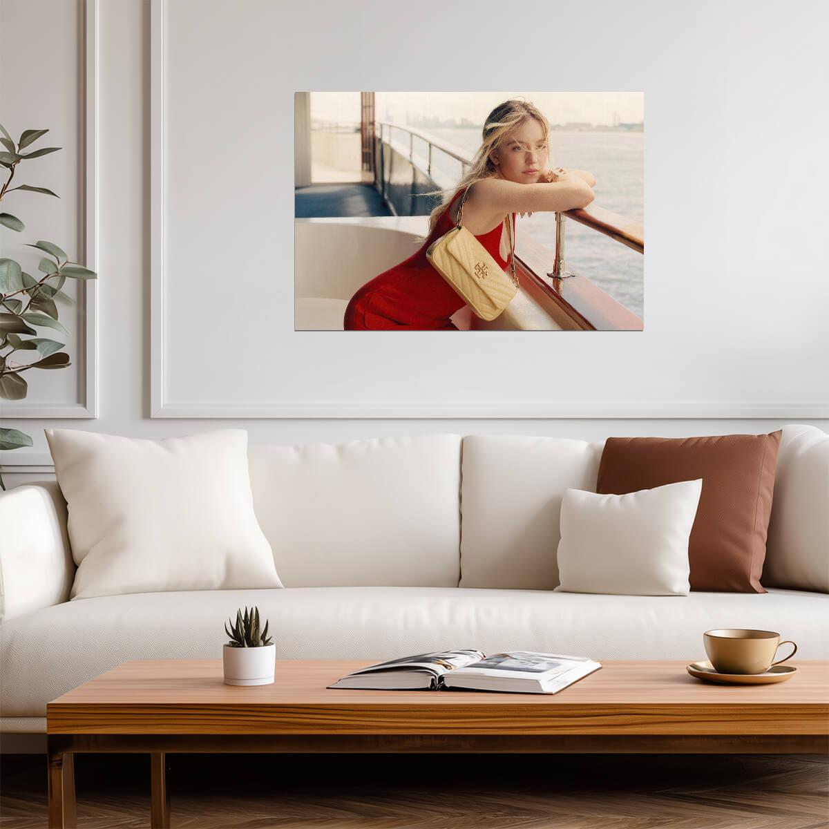 Sydney Sweeney Red Dress | Boat Deck Portrait Photo | Celebrity Fashion Poster - Celebrities Poster