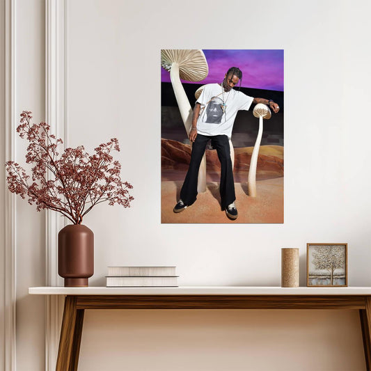 Travis Scott Giant Mushrooms | White Tee Portrait | Psychedelic Hip Hop Poster - Music Poster