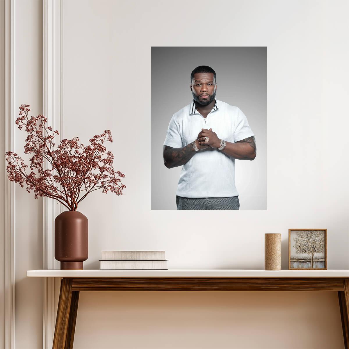 50 Cent Modern Studio Portrait | White Shirt Poster | Hip Hop Star Wall Art - Music Poster