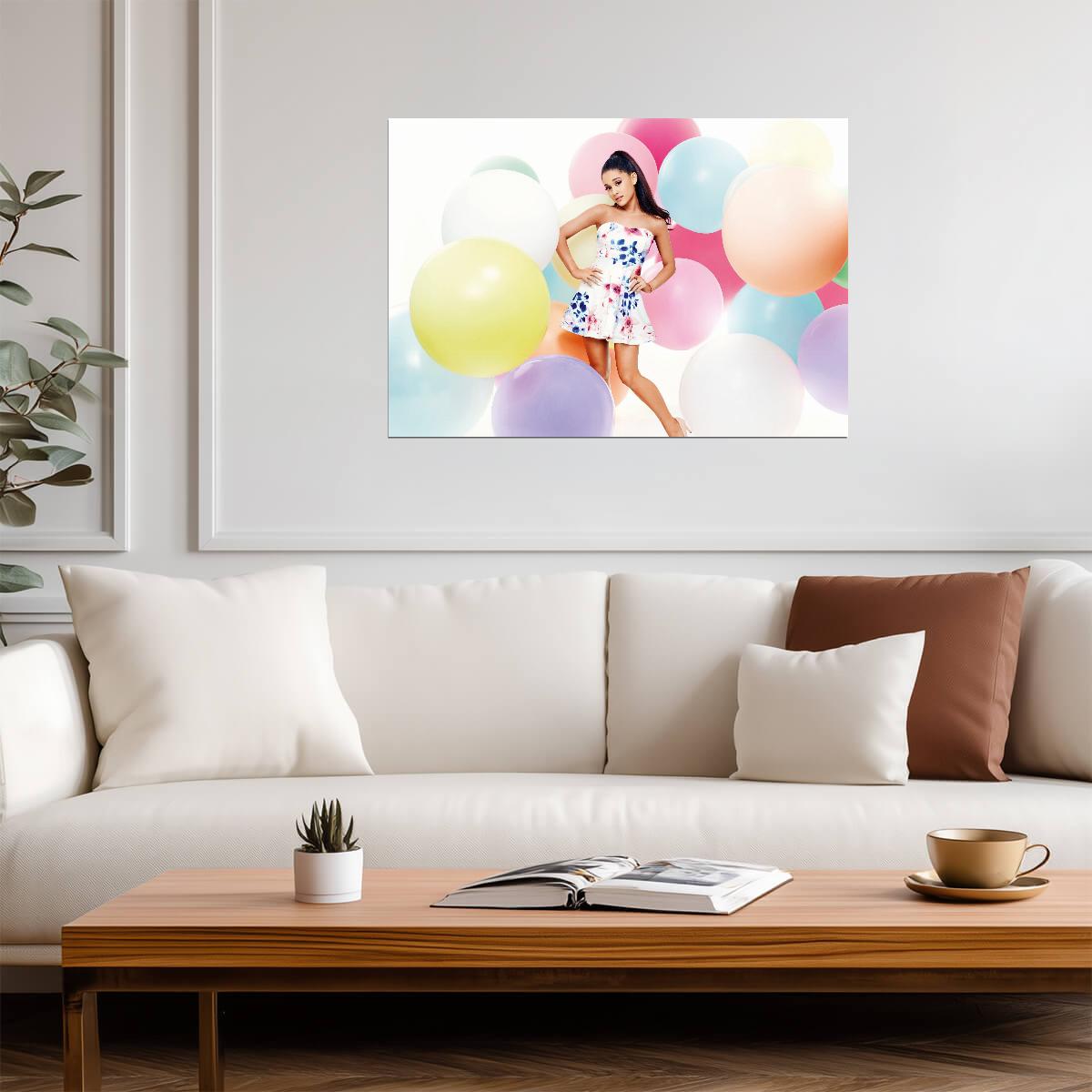 Ariana Grande with Colorful Balloons | Floral Dress Photoshoot Poster | Pop Star Wall Art - Music Poster